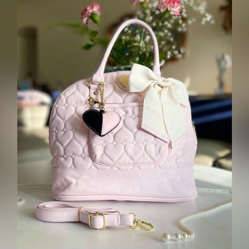 Betsey Johnson Pink and White Crossbody Bag with Quilted Design